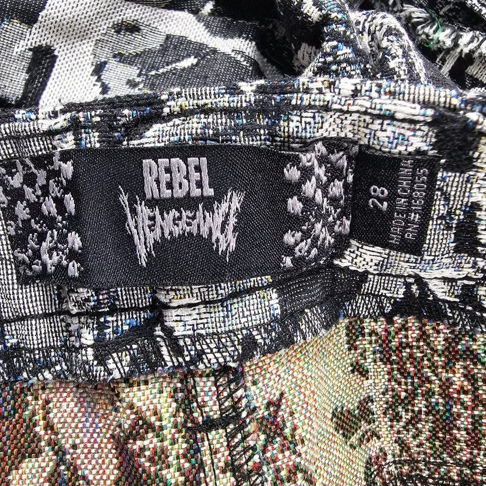 Rebel Vengeance Tapestry Cargo Pants Mens 28 Black White Tree Print Frayed Hem
